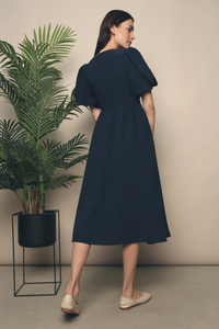Missha Bubble Sleeves Midi Dress Navy