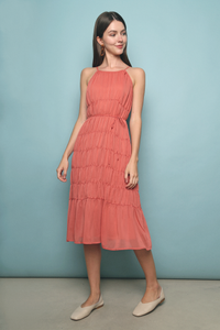Fairee Tiered Midi Dress Coral