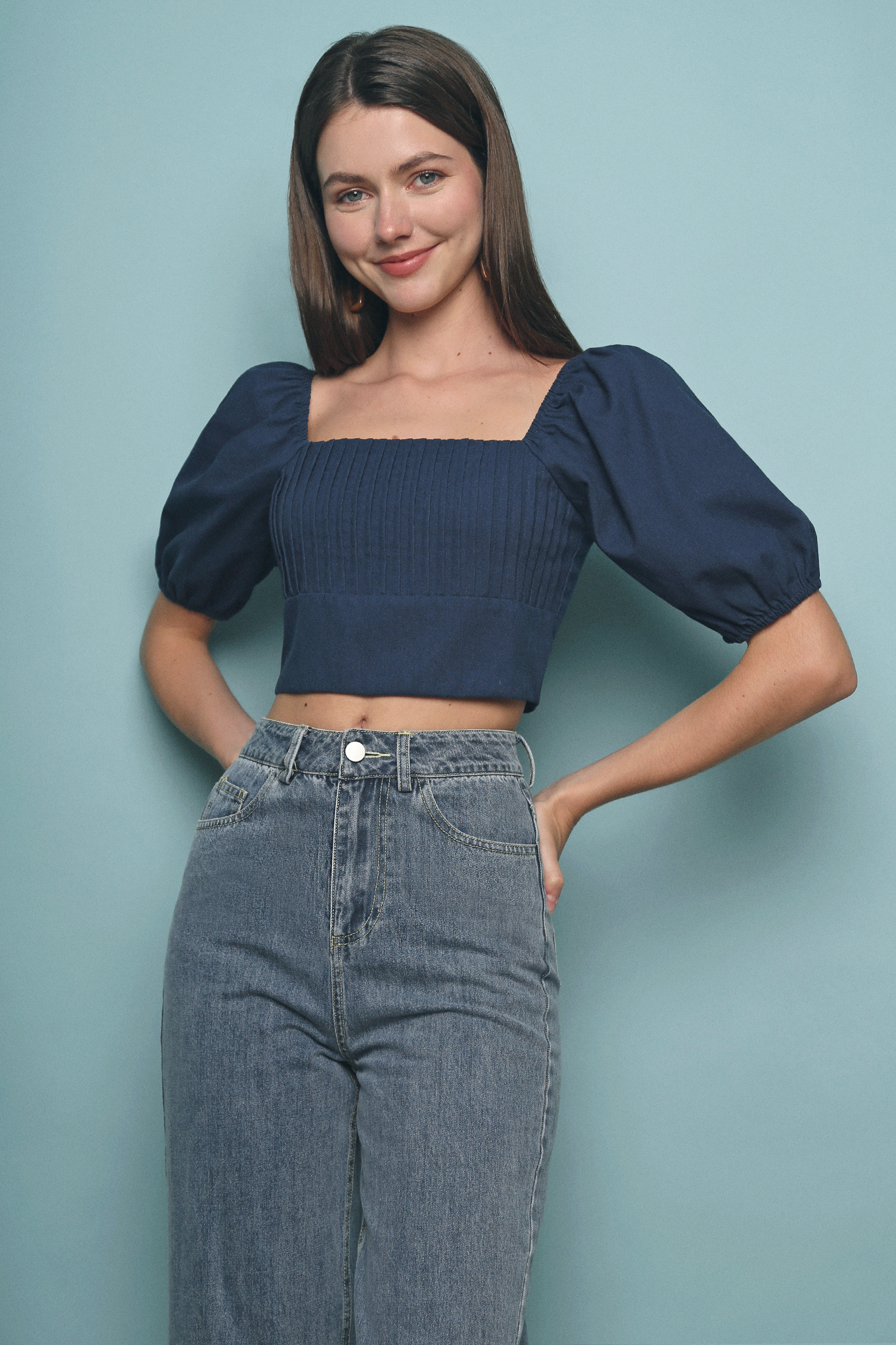 Hebe Cropped Linen Top Navy