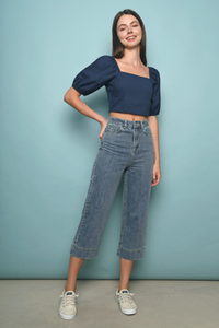 Hebe Cropped Linen Top Navy