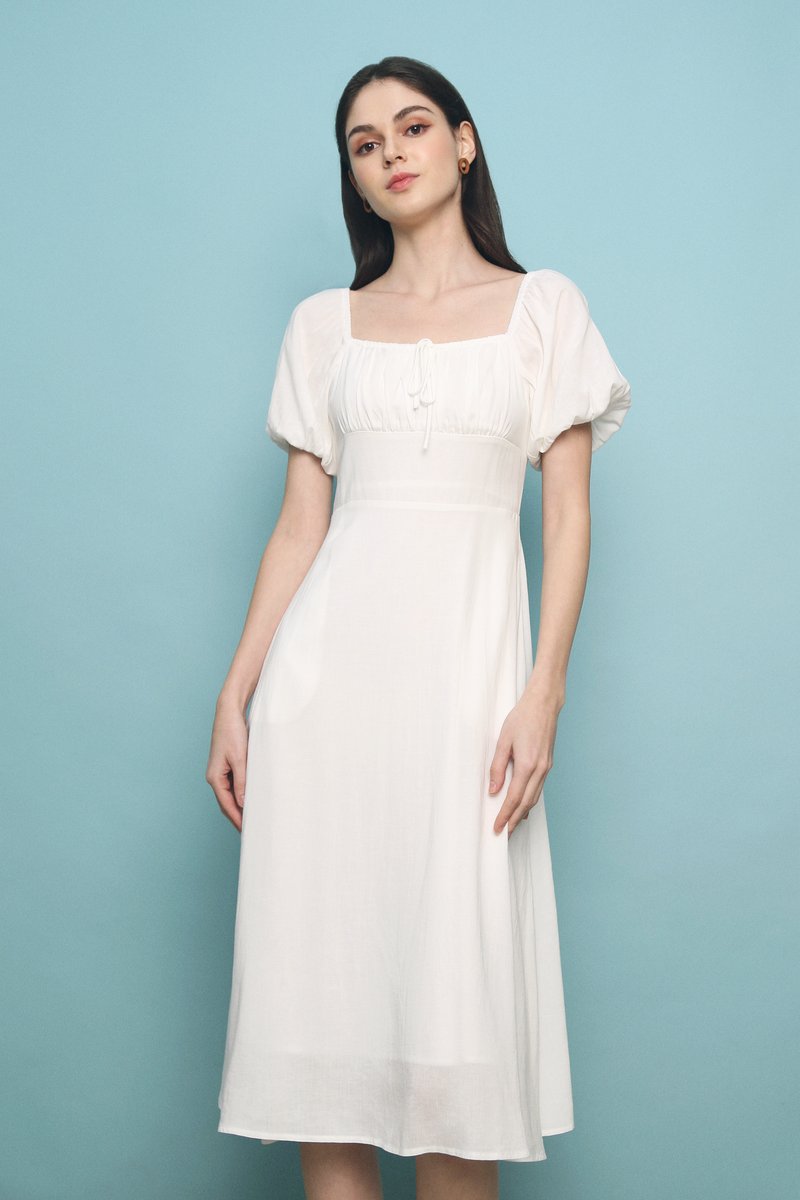 Jessy Ruche Midi Dress White