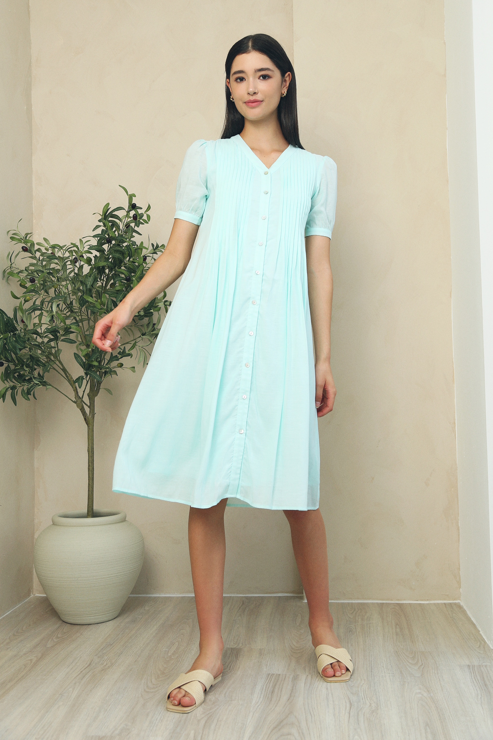 Miley Pleat Linen Dress Mint