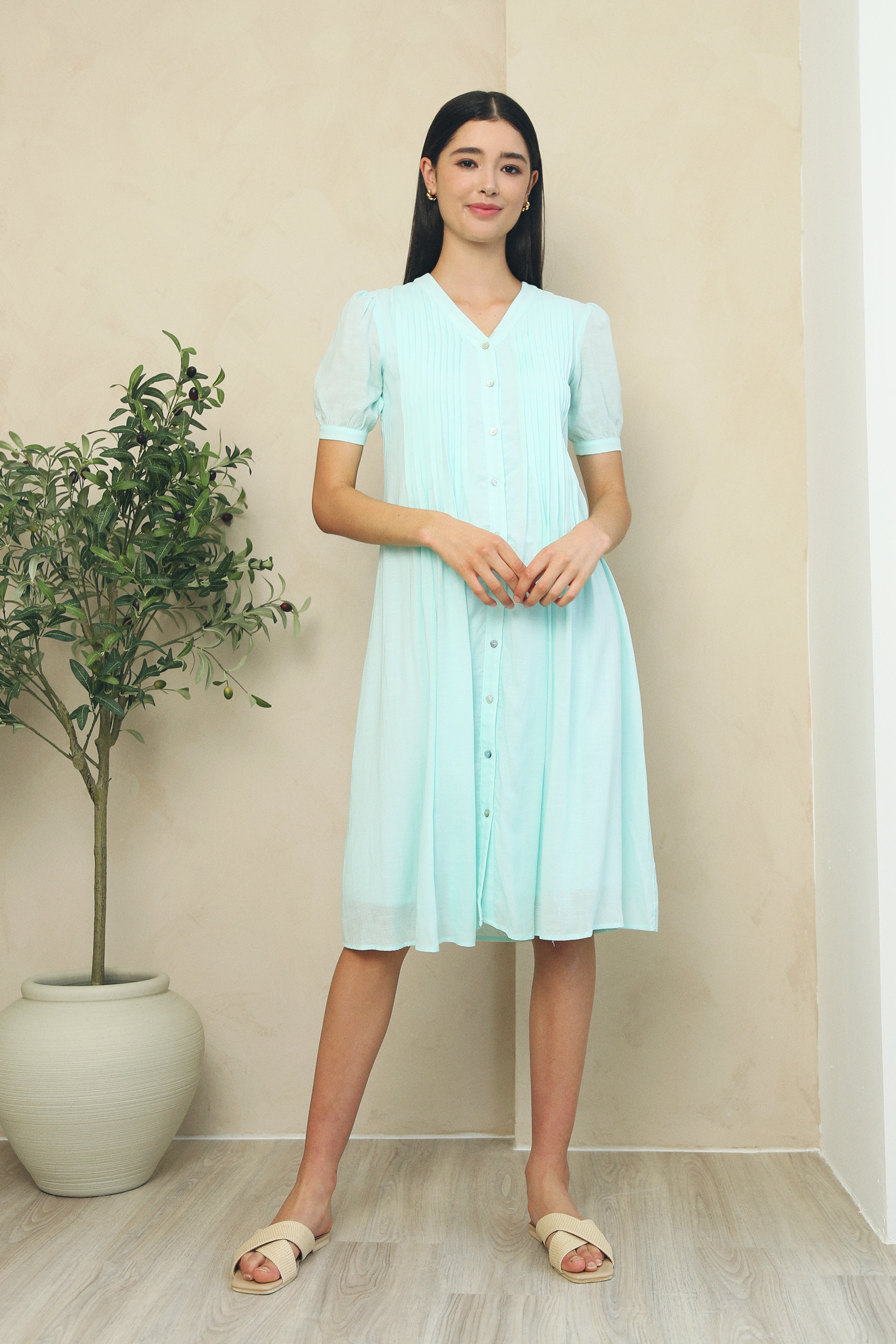 Miley Pleat Linen Dress Mint