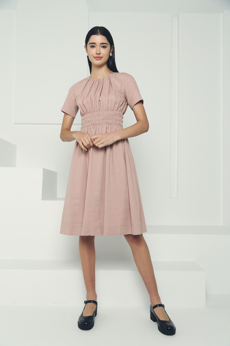 Nelrose Waisted Linen Dress Pink