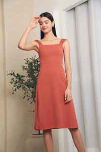 Tiffany Ruche Strap Midi Dress Rust