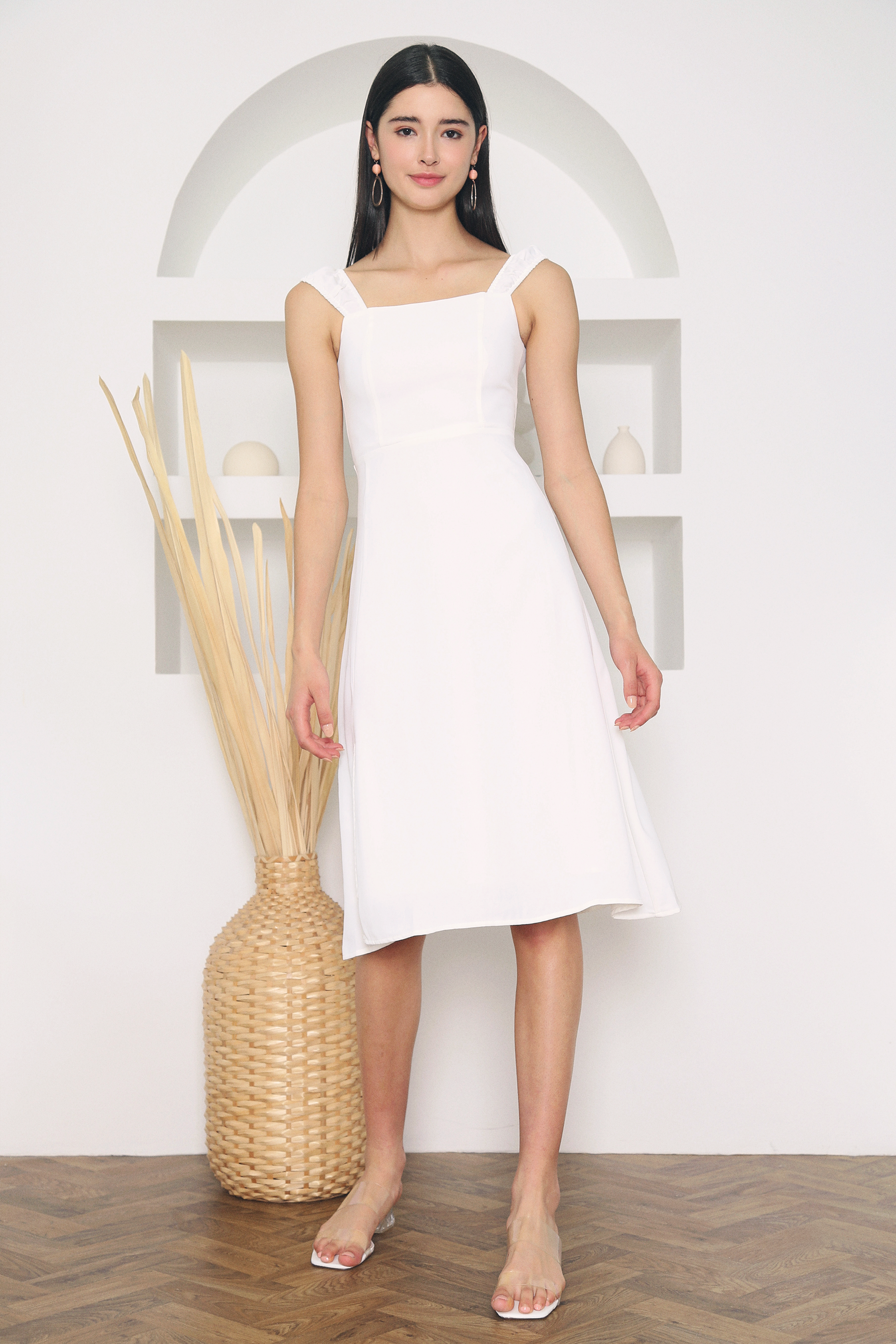 Tiffany Ruche Strap Midi Dress White